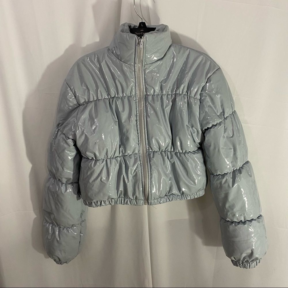 Blue and Silver Bomber Jacket with Shiny Finish